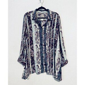 Chicos Top Womens XL 16 Purple Blue Paisley Mixed Print Tunic Button Up Boho